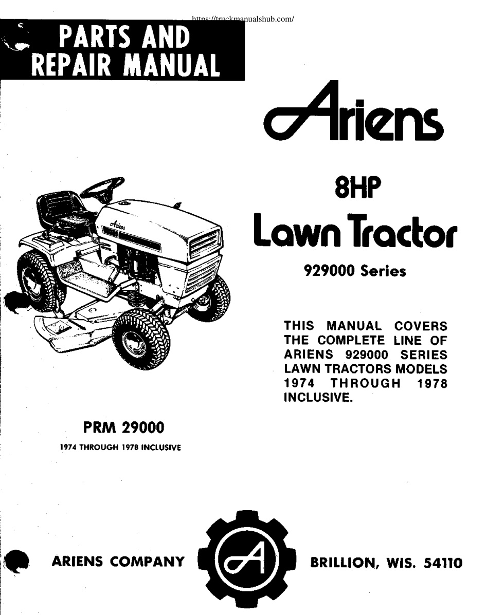 Première page de Ariens 929000 series 8 HP lawn tractor parts and repair manual