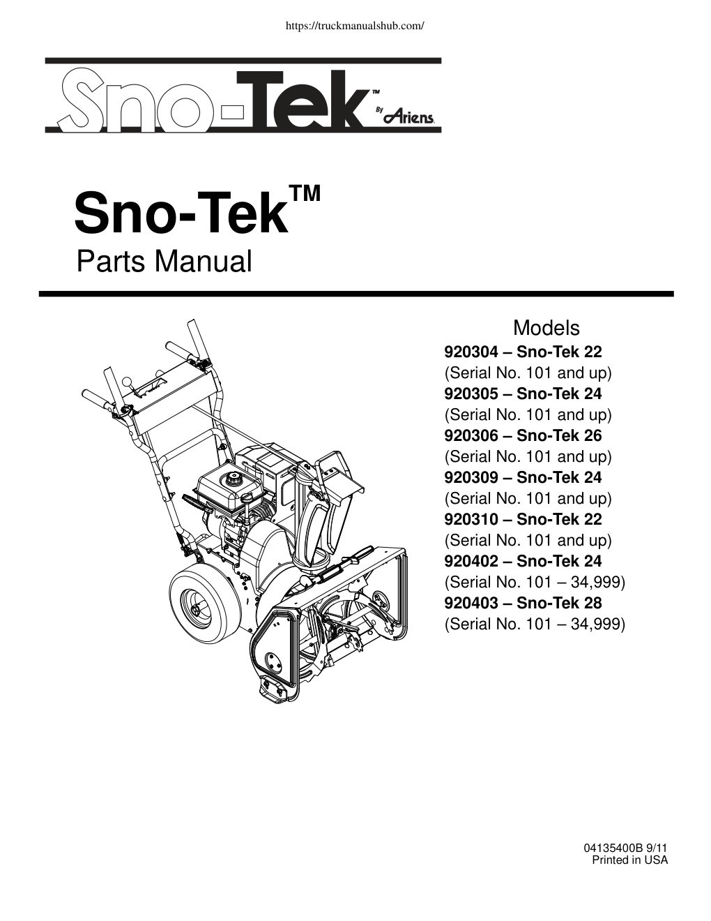 Première page de Ariens SnoTek Parts Manual