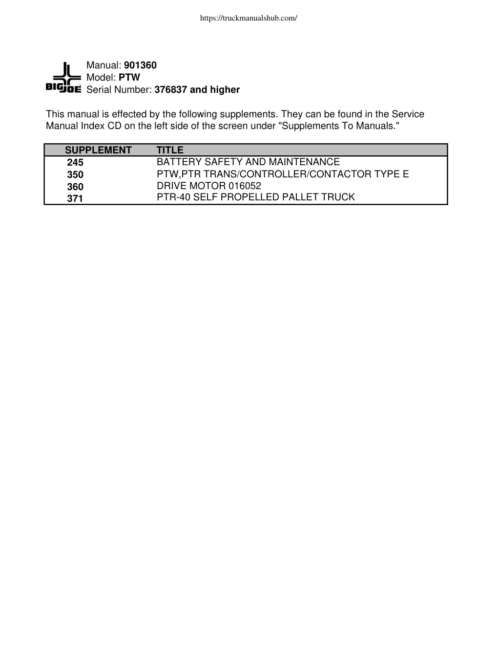 Première page de Big Joe PTW Series Owner s Manual