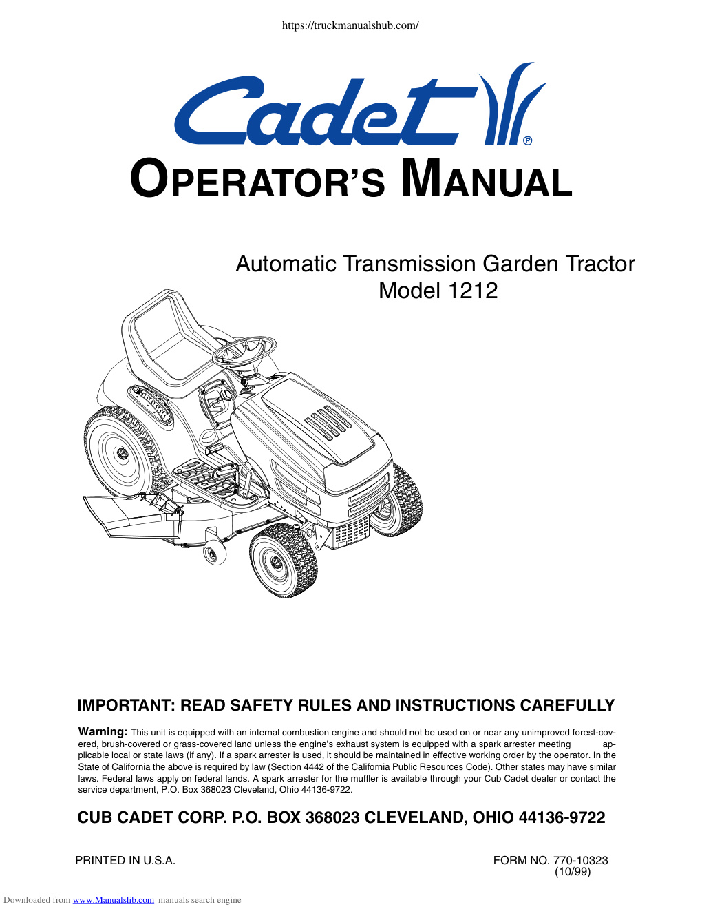 Première page de Cub Cadet 1212 Garden Tractors Operators Manual