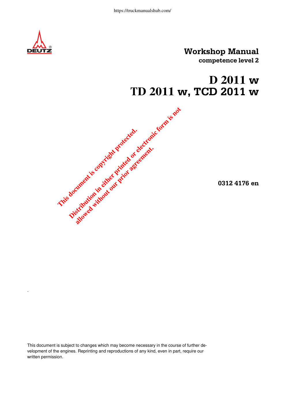 Première page de Deutz D 2011 w TD 2011 w TCD 2011 w Workshop Manual competence level 2