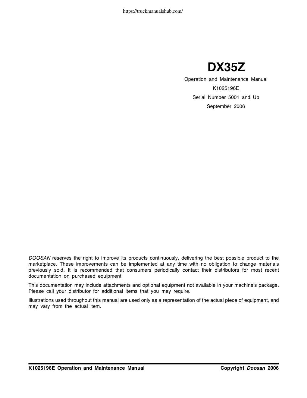 Première page de Doosan DX35Z Operation And Maintenance Manual