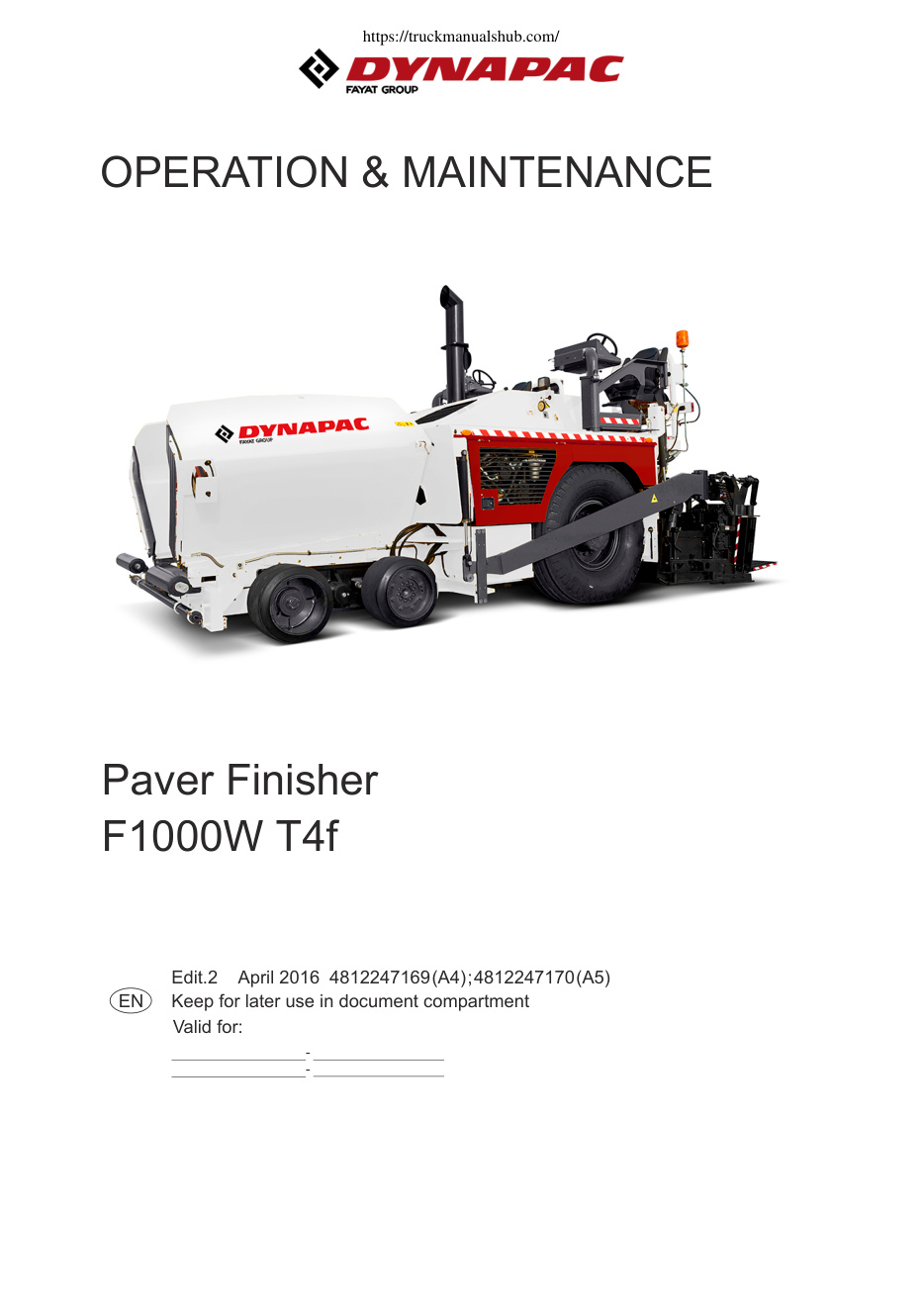 Première page de Dynapac F1000W T4f Operation Maintenance Manual