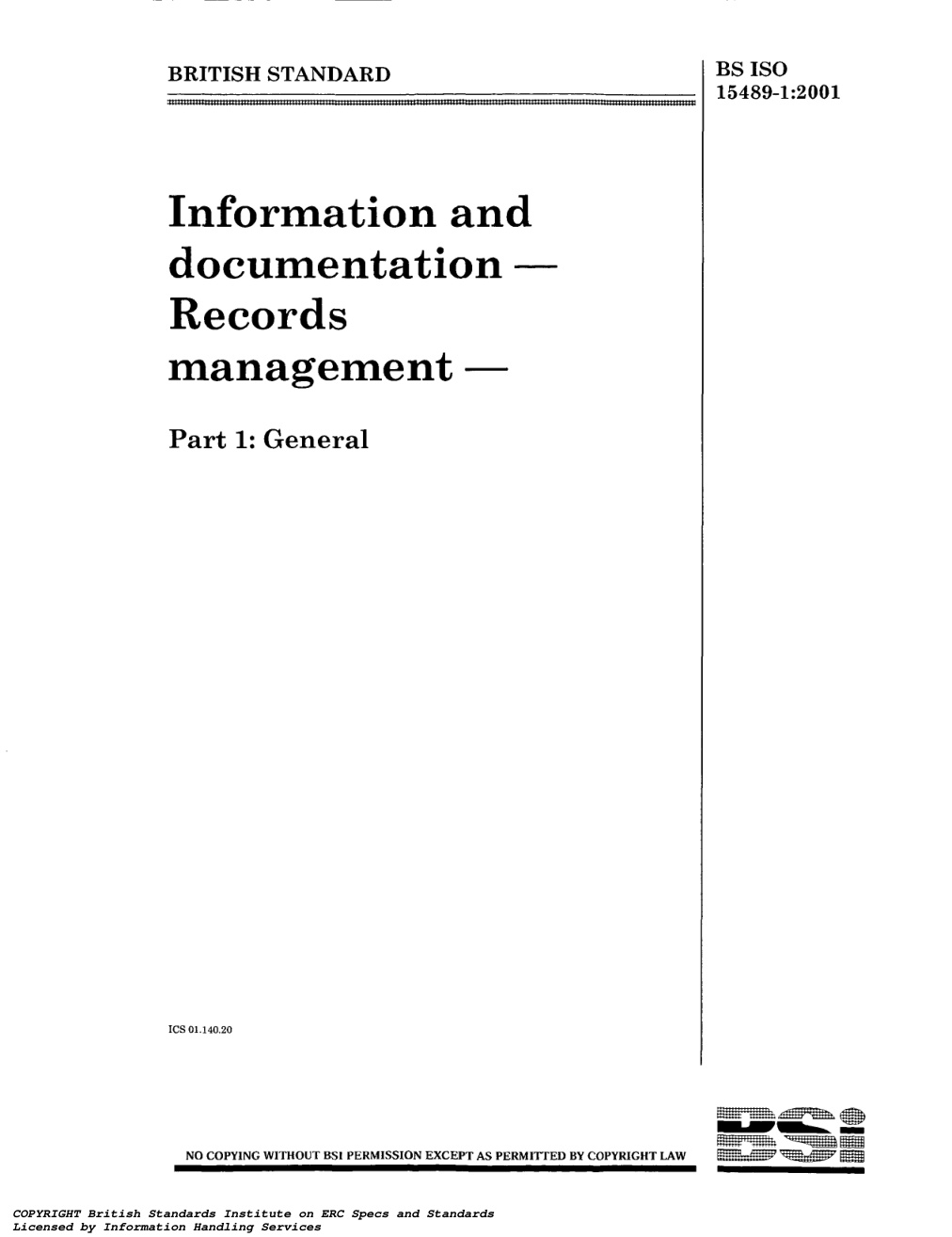 Première page de Final ISO 15489 1 2001 Information and documentation Records management General