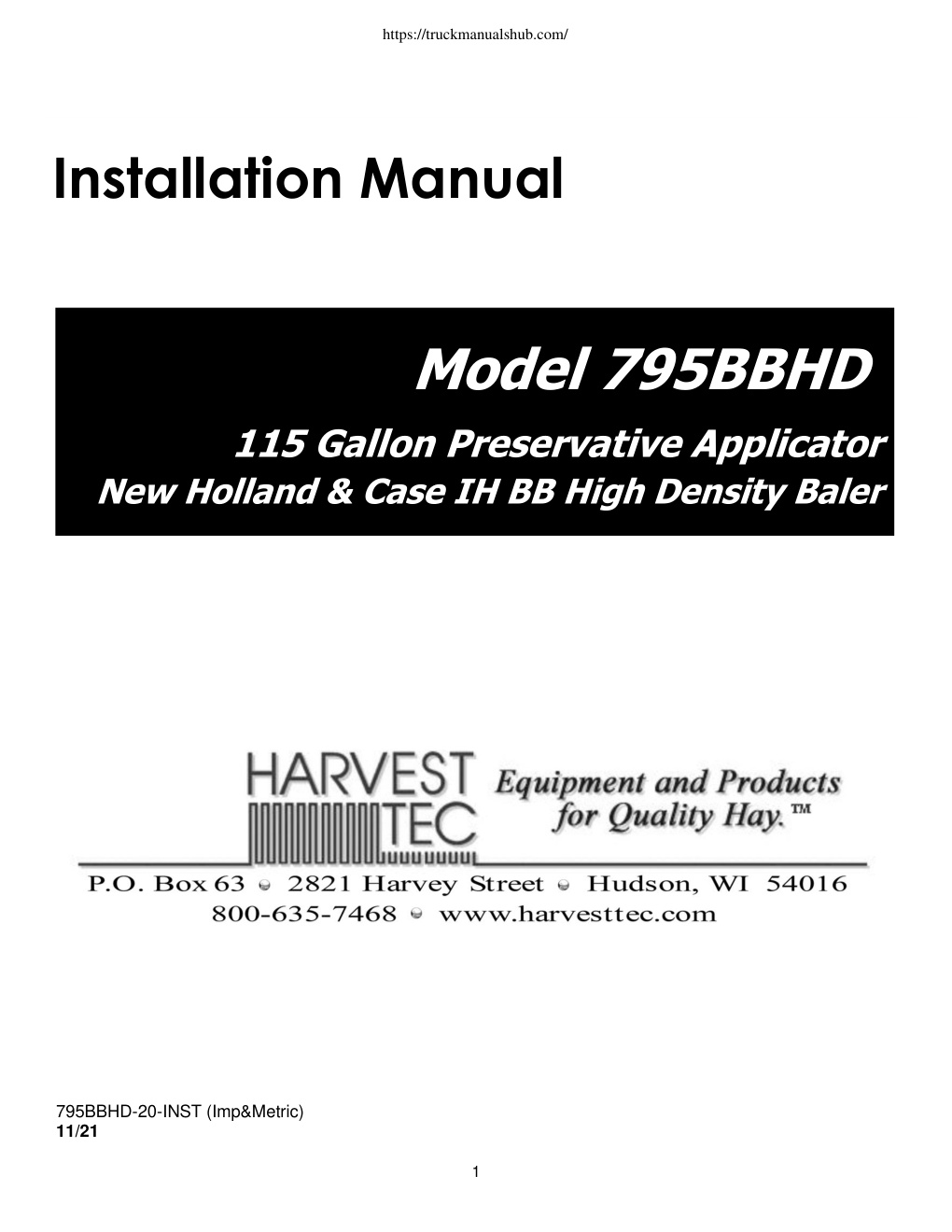 Première page de Harvest TEC 795BBHD Baler Installation Manual