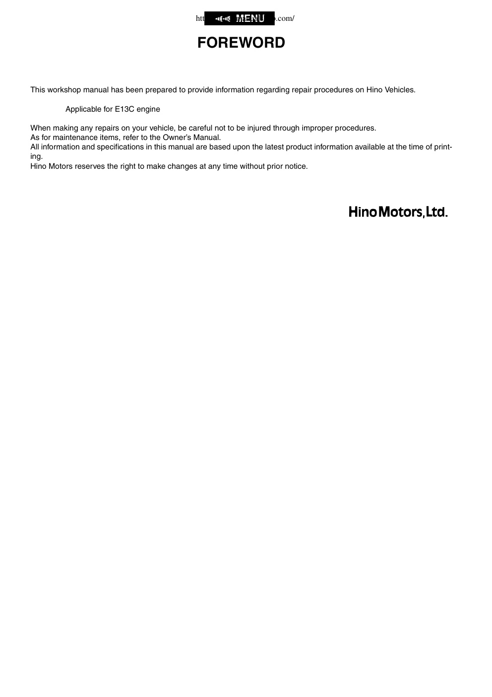 Première page de Hino EC13 Engine Workshop Manual