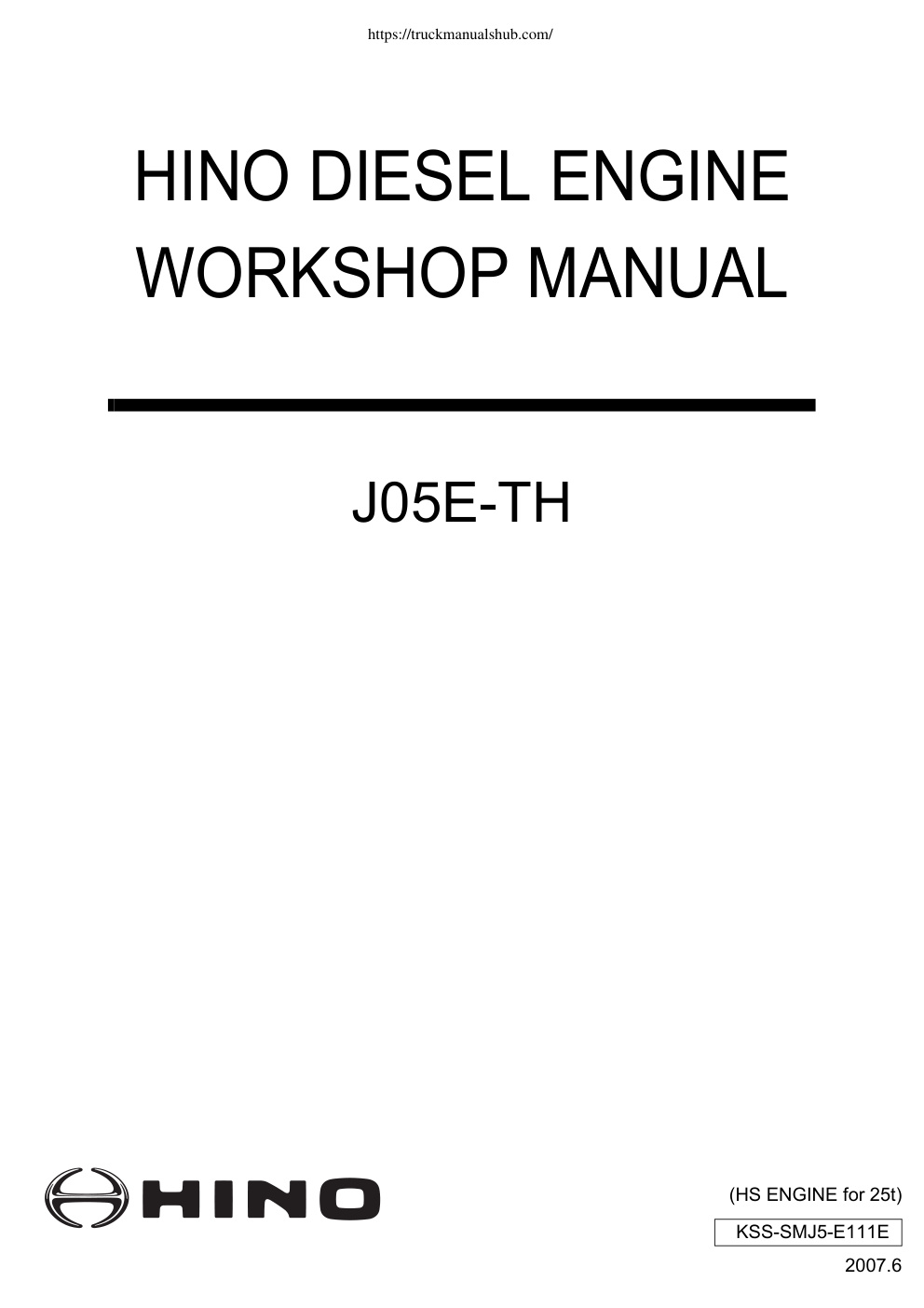 Première page de Hino J05E TH Workshop Manual