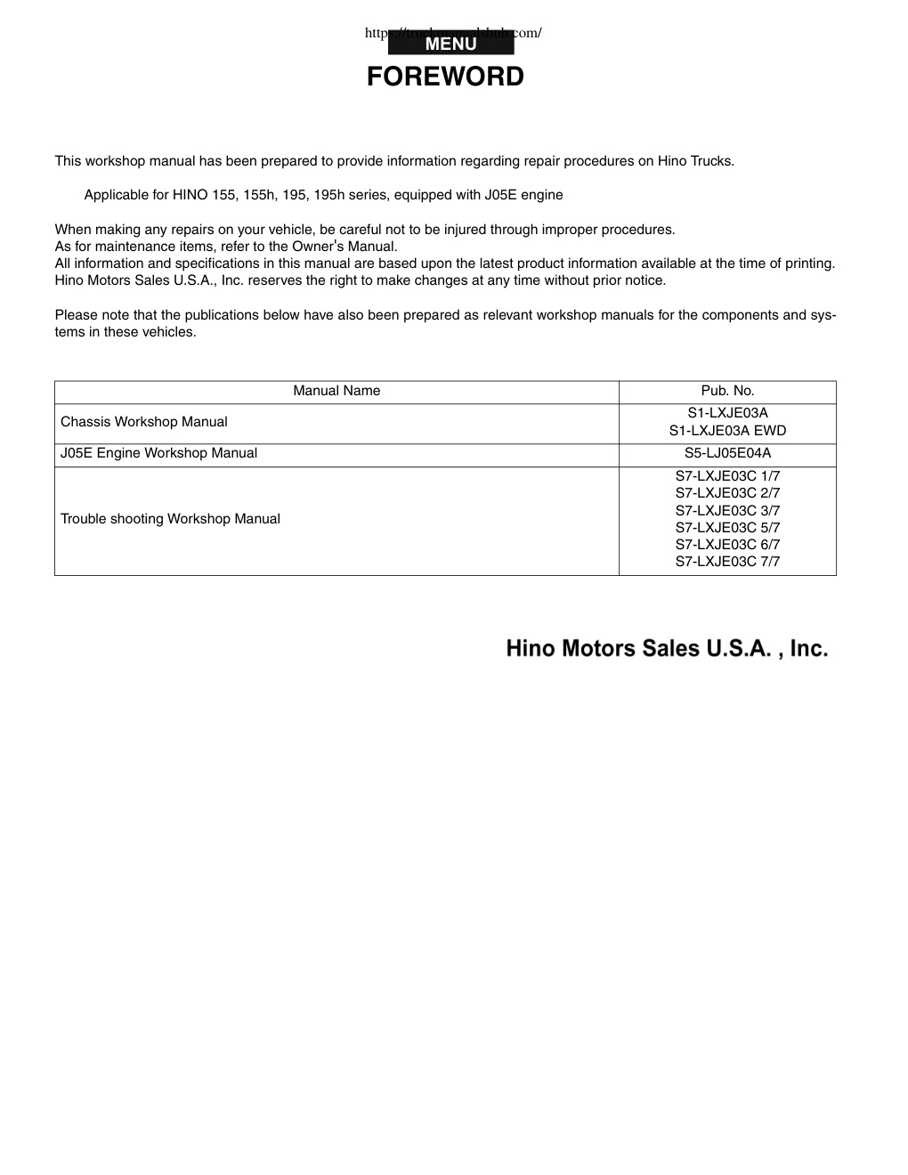 Première page de Hino Series 155 155H 195 195H Workshop Manual