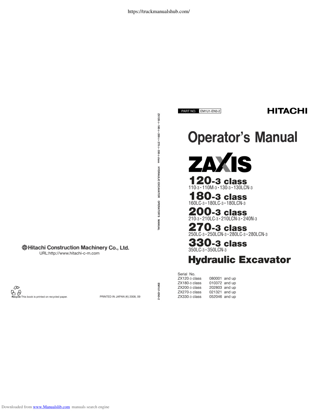 Première page de Hitachi ZAXIS 120 3 330 3 CLASS 180 3 CLASS 200 3 CLASS 270 3 CLASS class Operator s Manual