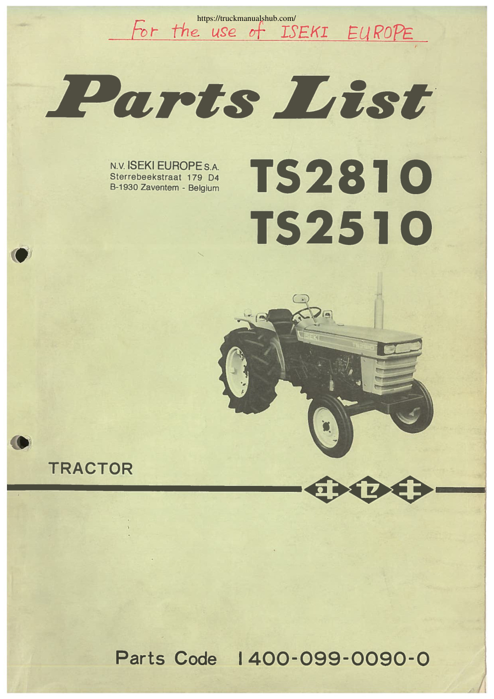 Première page de Iseki TS2810 2510 1400 099 0090 0 Tractor Spare Parts Catalog