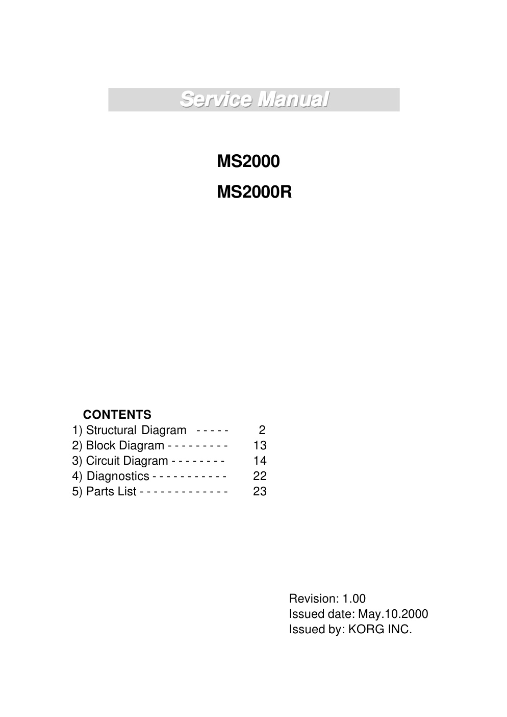 Première page de KORG MS2000 SERVICE MANUAL