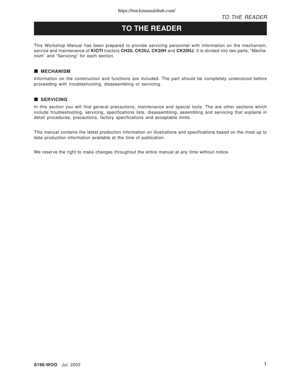 Première page de Kioti CH20 CK20J CK20H CK20HJ Workshop Manual