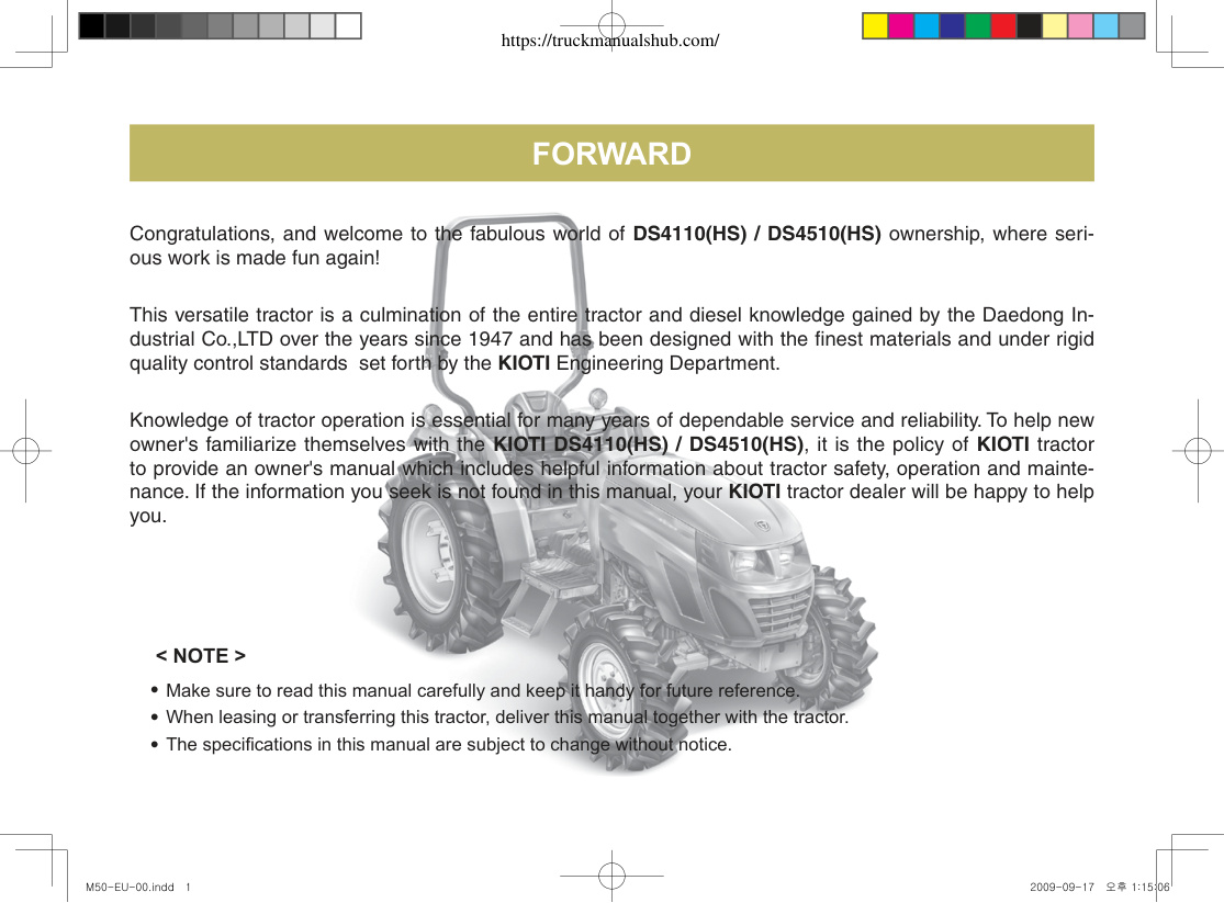 Première page de Kioti DS4110 DS4510 DS4110HS DS4510HS Owner s Manual