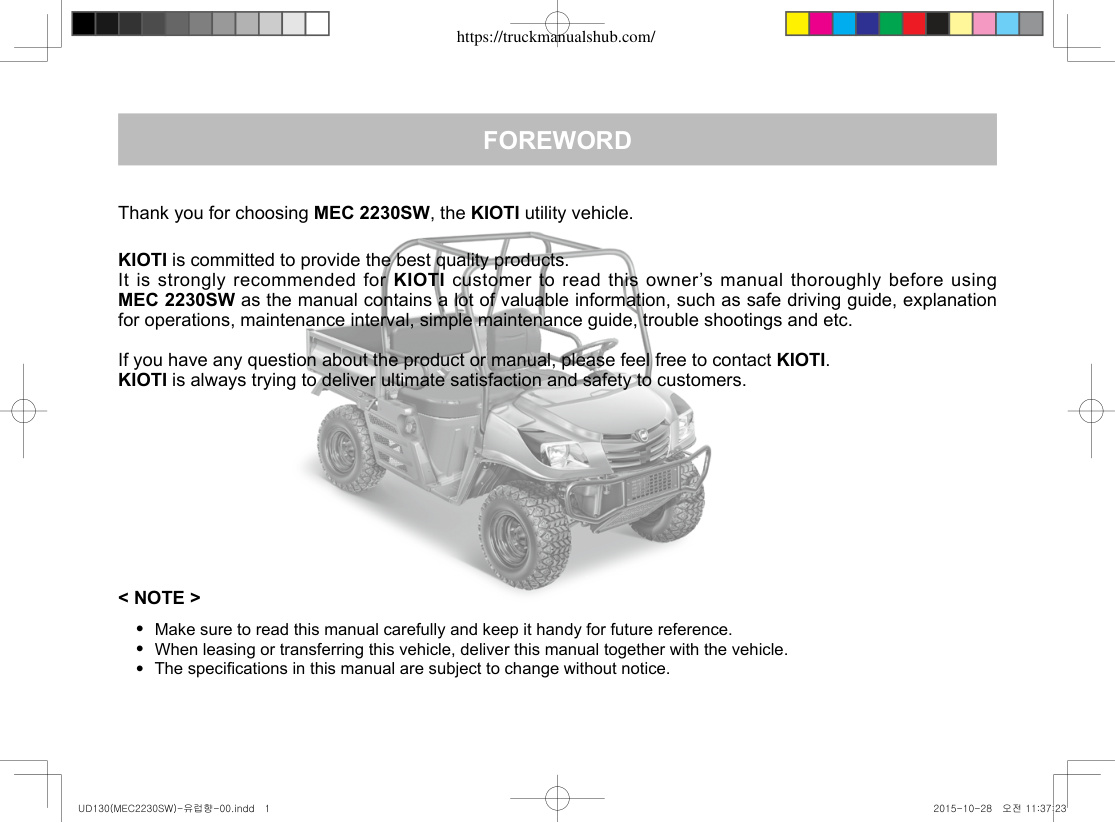 Première page de Kioti MEC 2230SW Owner s Manual