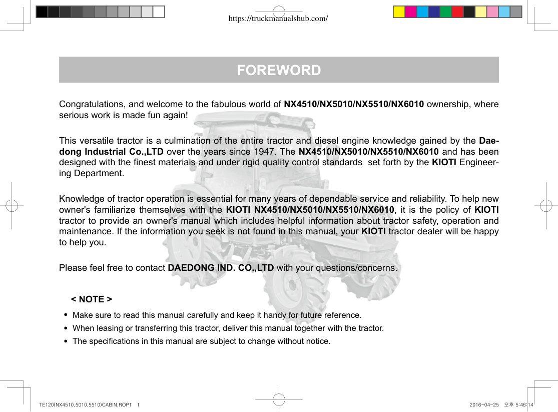 Première page de Kioti NX4510 NX5010 NX5510 NX6010 Owner s Manual