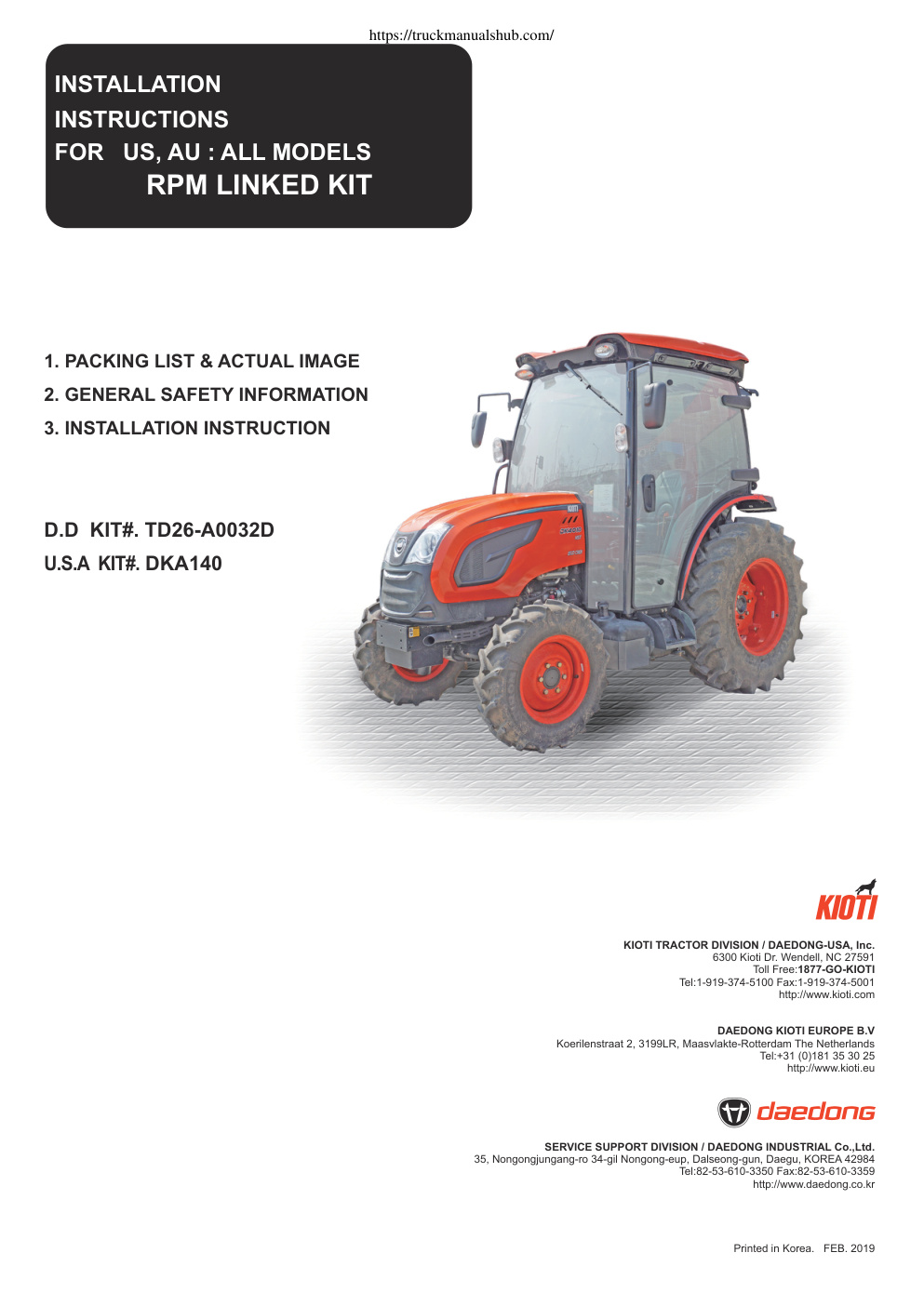 Première page de Kioti US Installation Instructions Manual