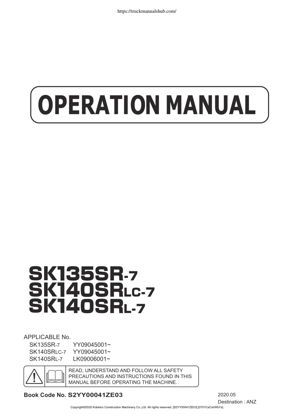 Première page de Kobelco SK135SR 7 SK140SRLC 7 SK140SRL 7 Operation Manual