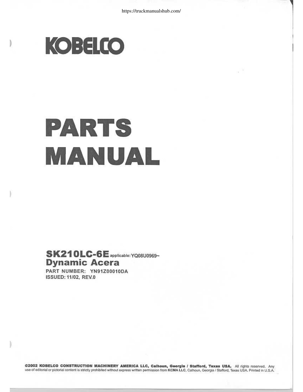Première page de Kobelco SK210LC 6E Parts Manual