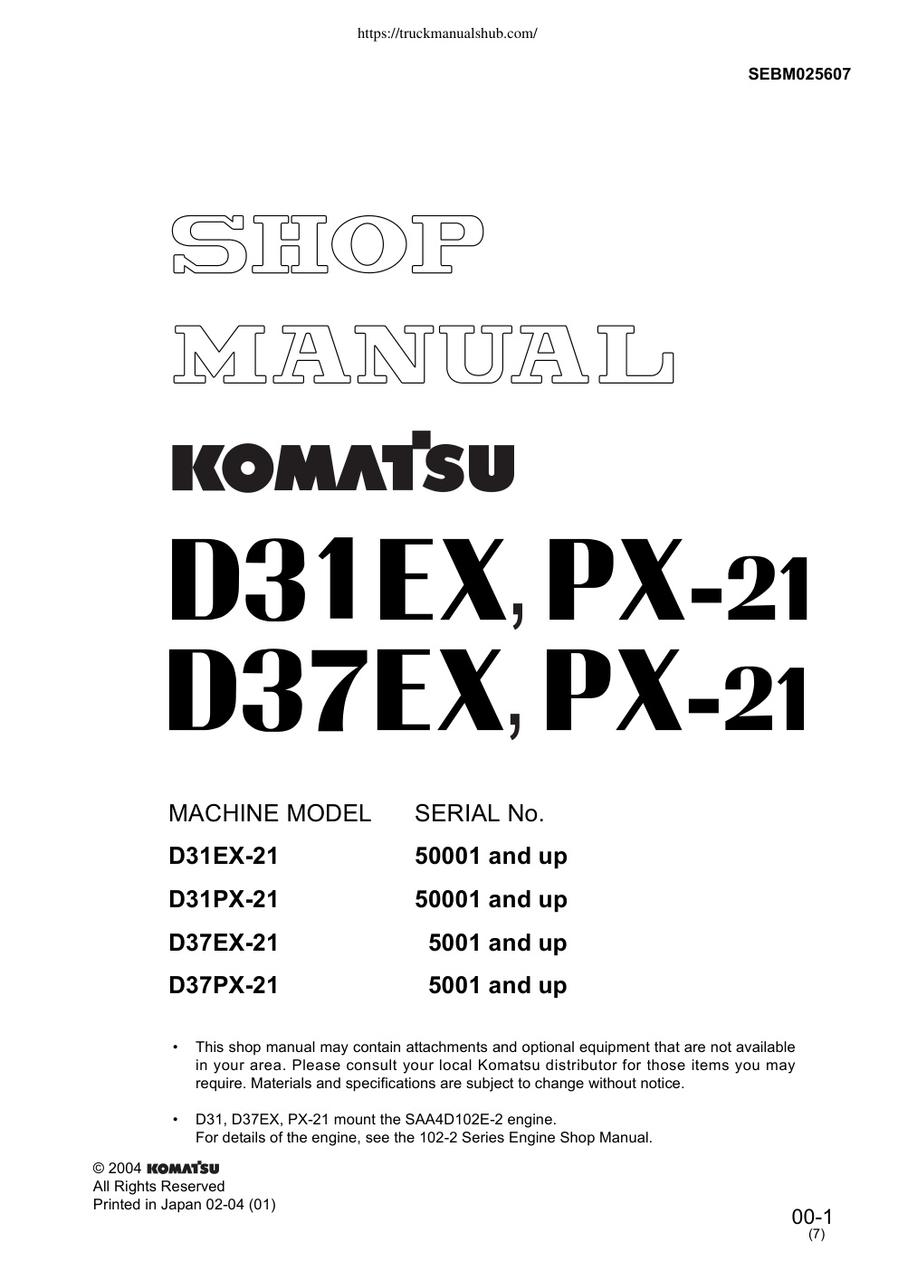 Première page de Komatsu D31EX 21 50001 D31PX 21 50001 D37EX 21 5001 D37PX 21 5001 Shop Manual