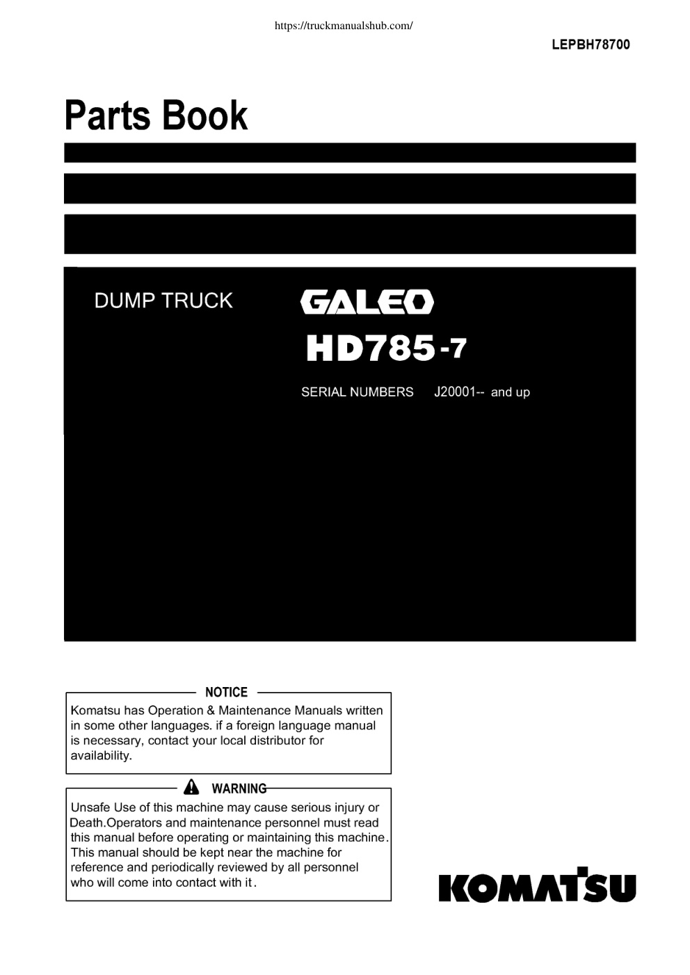 Première page de Komatsu HD785 7 Parts Book