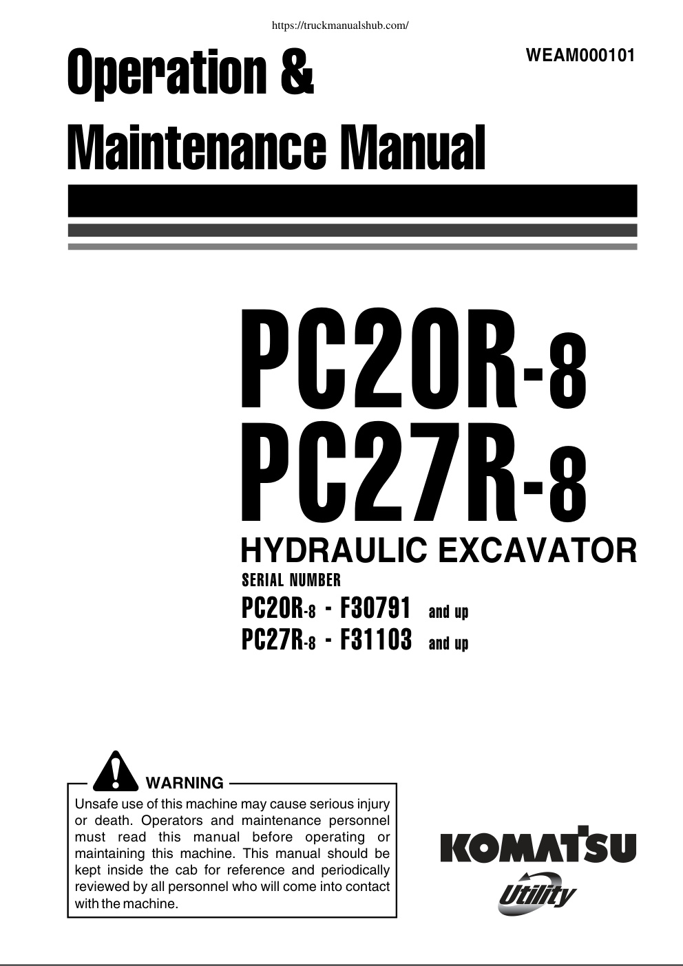 Première page de Komatsu PC20R 8 PC27R 8 Hydraulic Excavator Operation Maintenance Manual
