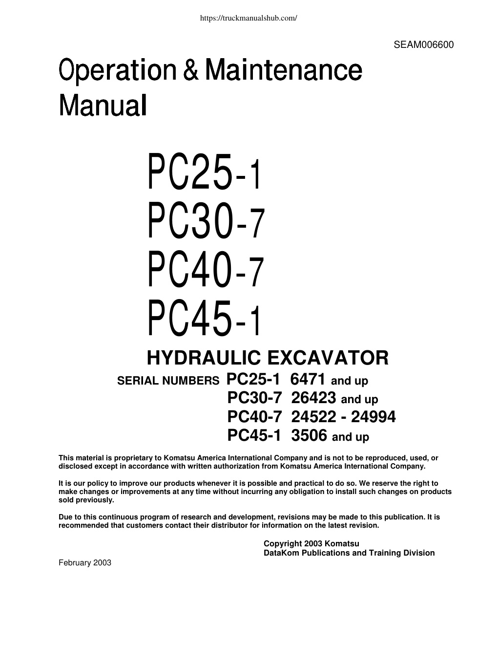 Première page de Komatsu PC25 1 PC30 7 PC40 7 PC45 1 Hydraulic Excavator Operation Maintenance Manual