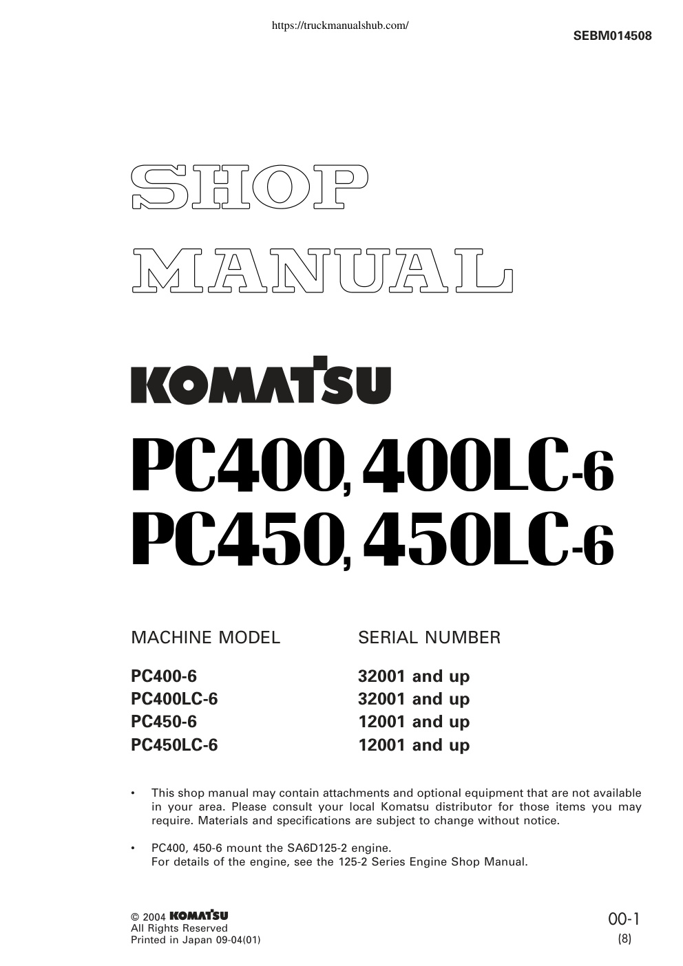 Première page de Komatsu PC400 6 PC400LC 6 32001 C450 6 PC450LC 6 12001 Shop Manual