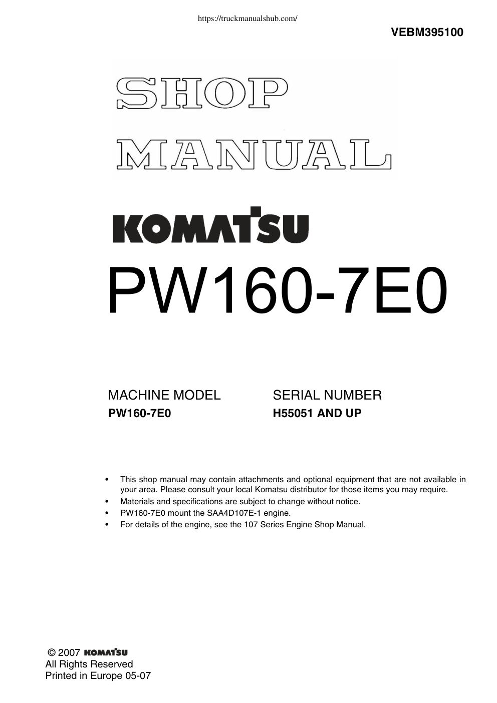 Première page de Komatsu PW160 7E0 00 H55051 Shop Manual