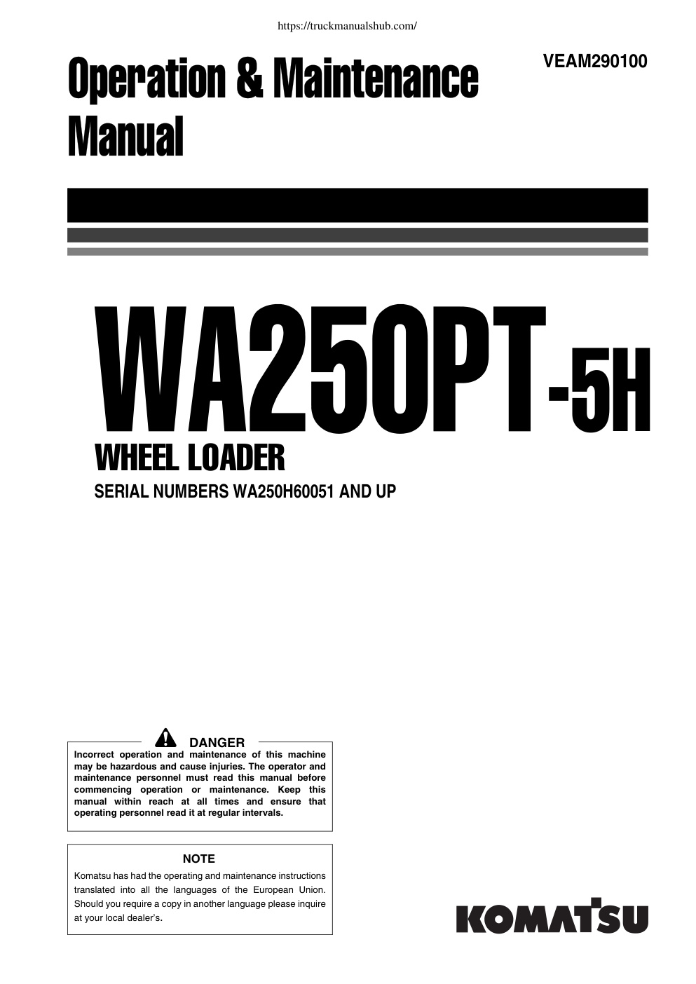 Première page de Komatsu WA250PT 5H WA250H60051 Operation Maintenance Manual