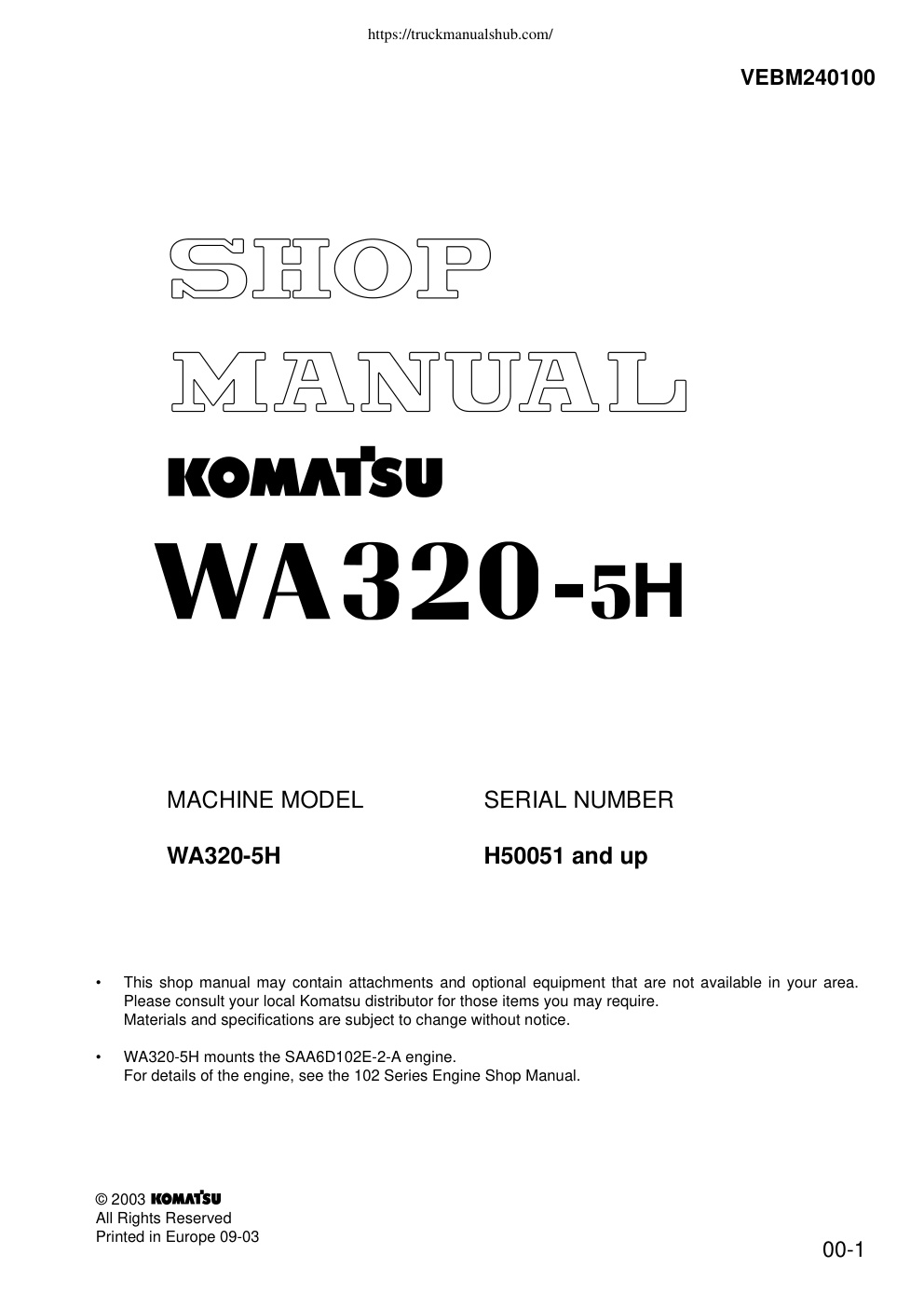 Première page de Komatsu WA320 5H H50051 Shop Manual