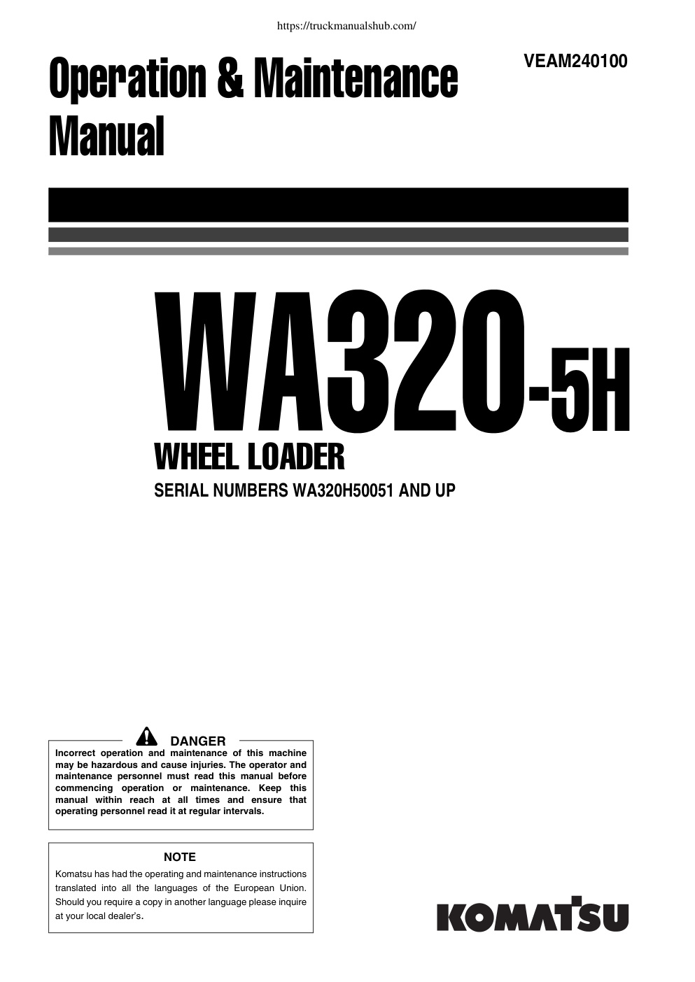 Première page de Komatsu WA320 5H WA320H50051 Operation Maintenance Manual