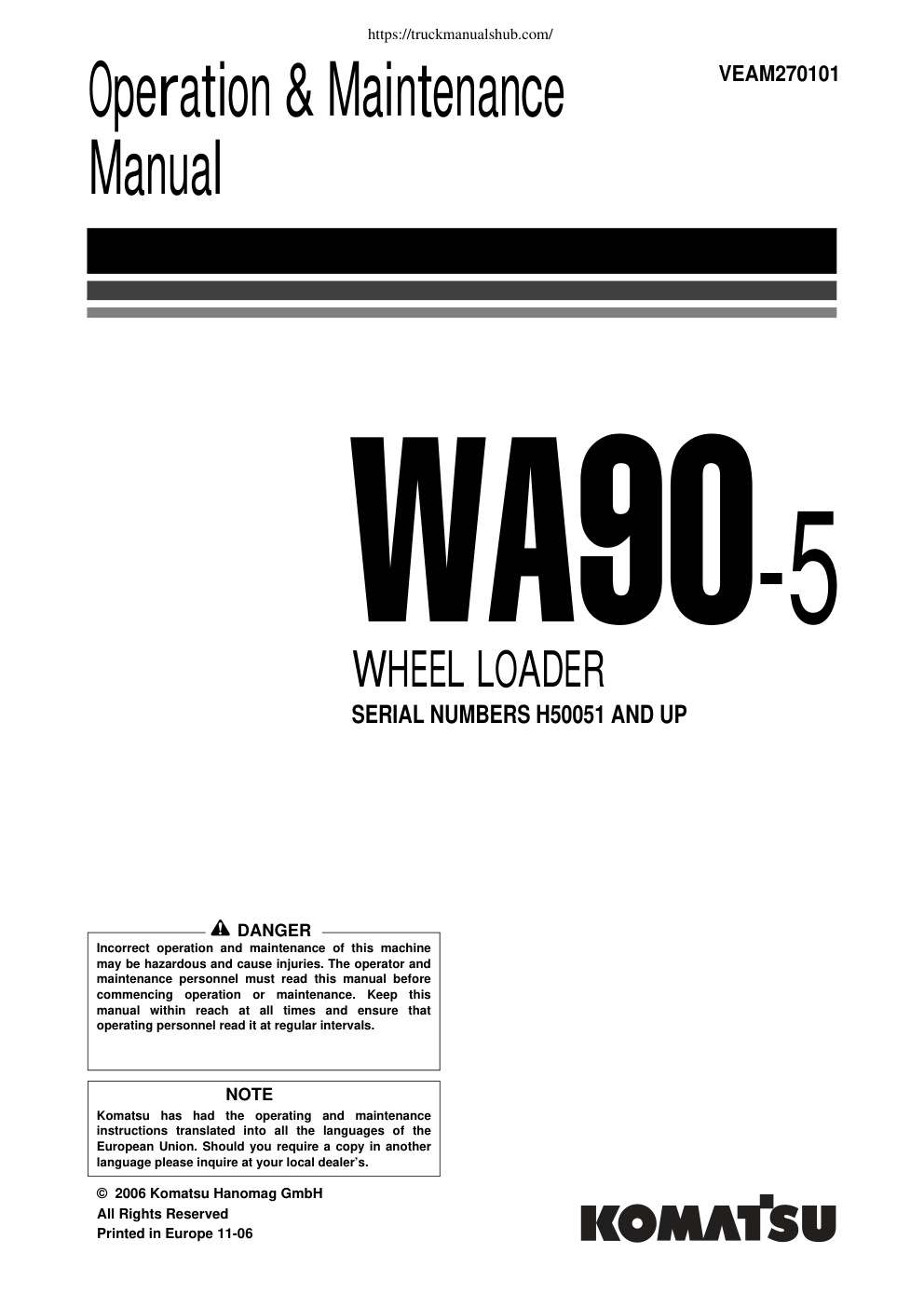 Première page de Komatsu WA90 5 Operation Maintenance Manual