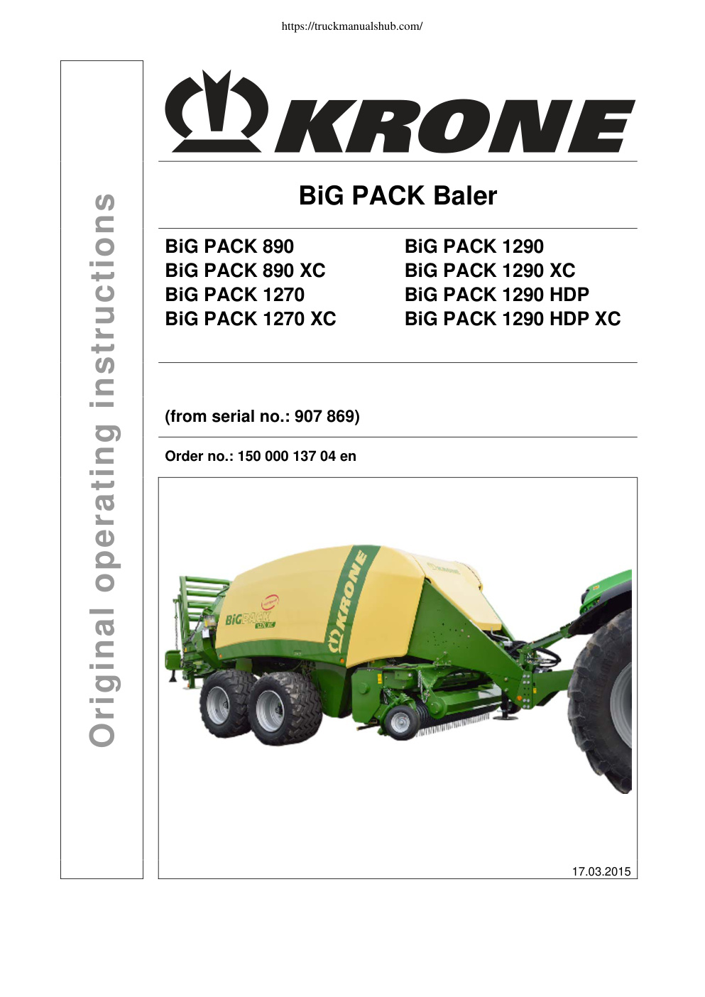 Première page de Krone 890 890XC 1270 1270XC 1290 1290XC 1290HDP1290HDP XC Big Pack Baler Operating Manual