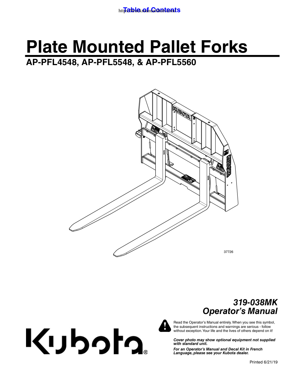 Première page de Kubota AP PFL4548 Operator s Manual