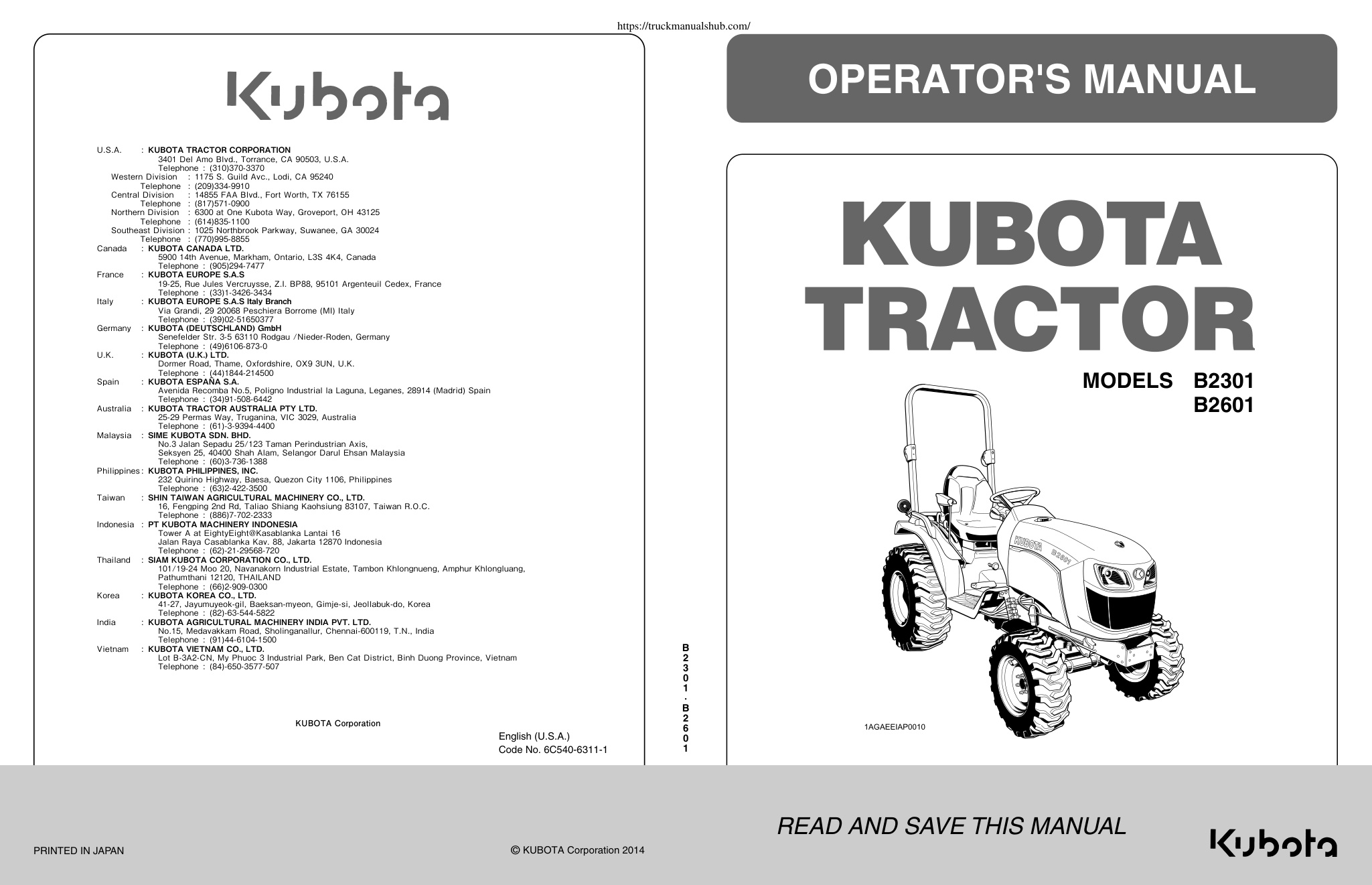 Première page de Kubota B2301 B2601 Tractor Owner s Manual