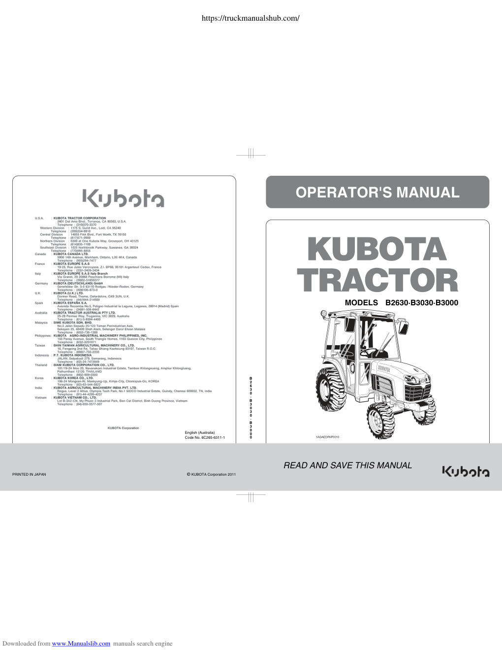 Première page de Kubota B2630 B3030 B3000 Tractor Owner s Manual