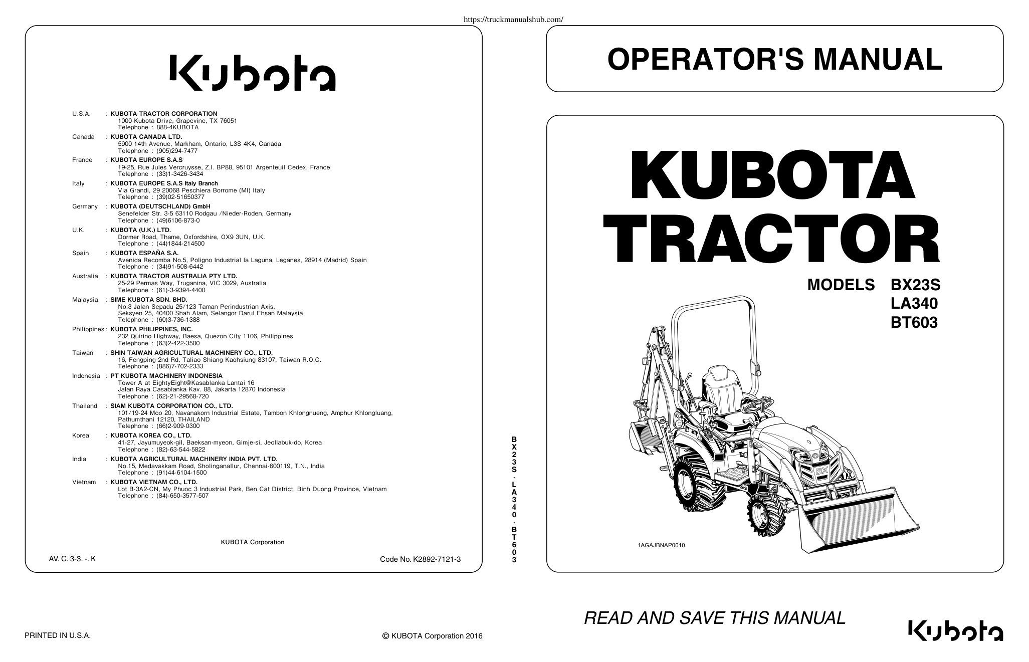 Première page de Kubota BX23S LA340 BT603 Tractor Owner s Manual