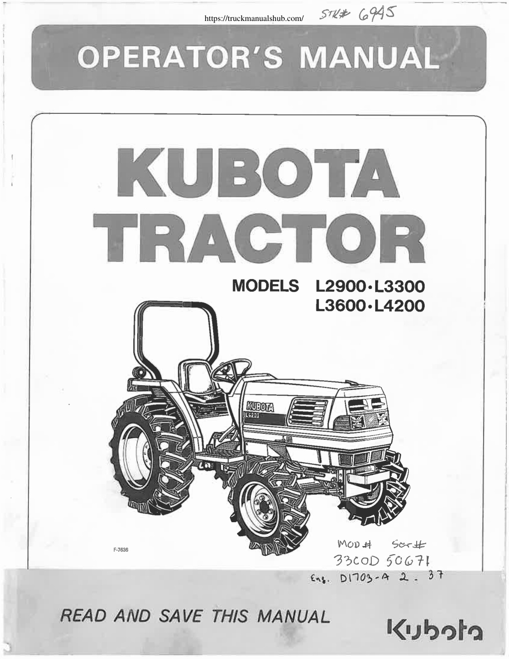 Première page de Kubota L2900 L3300 L3600 L4200 Tractor Owner s Manual