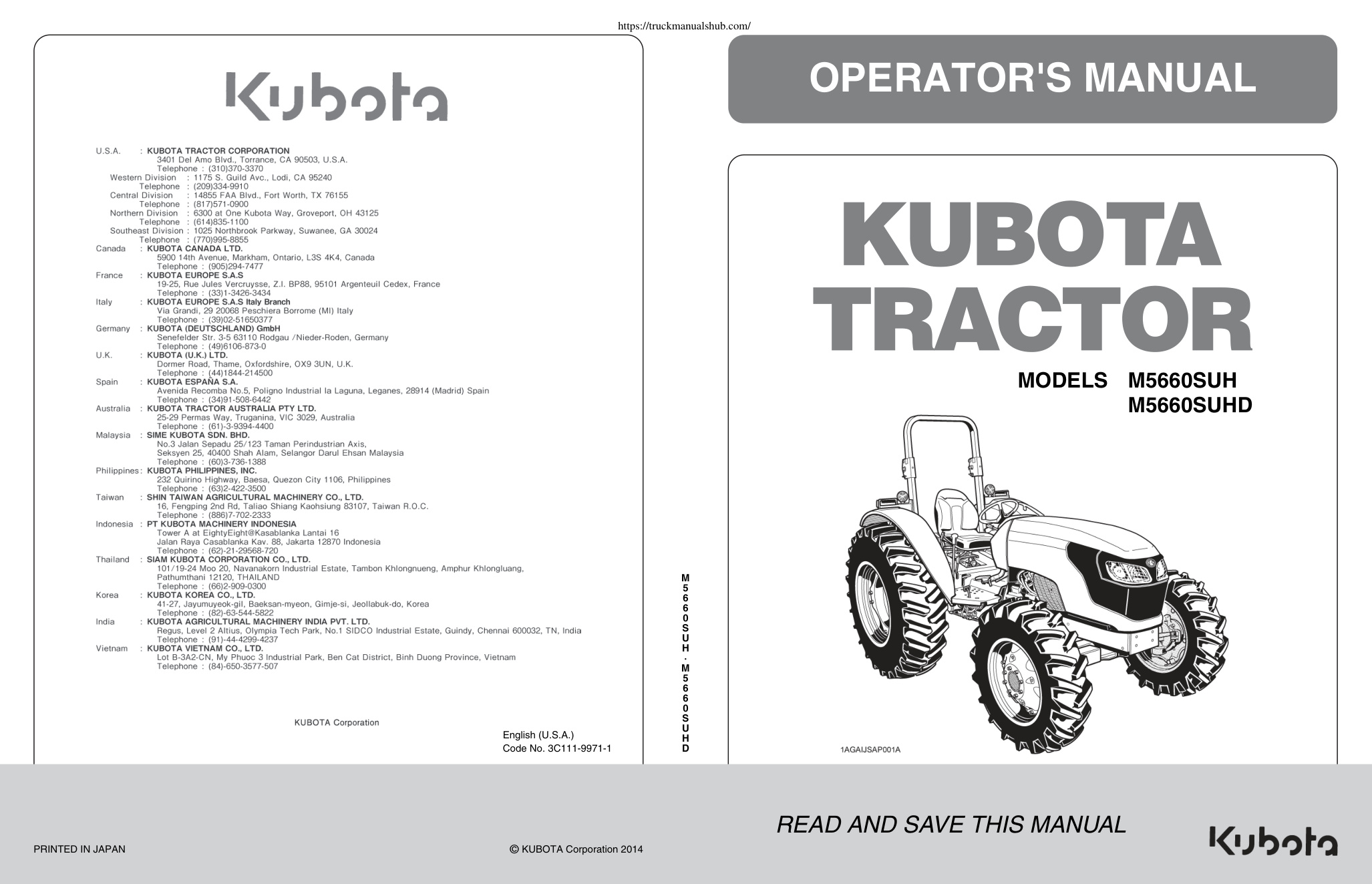 Première page de Kubota M5660SUH M5660SUHD Tractor Owner s Manual