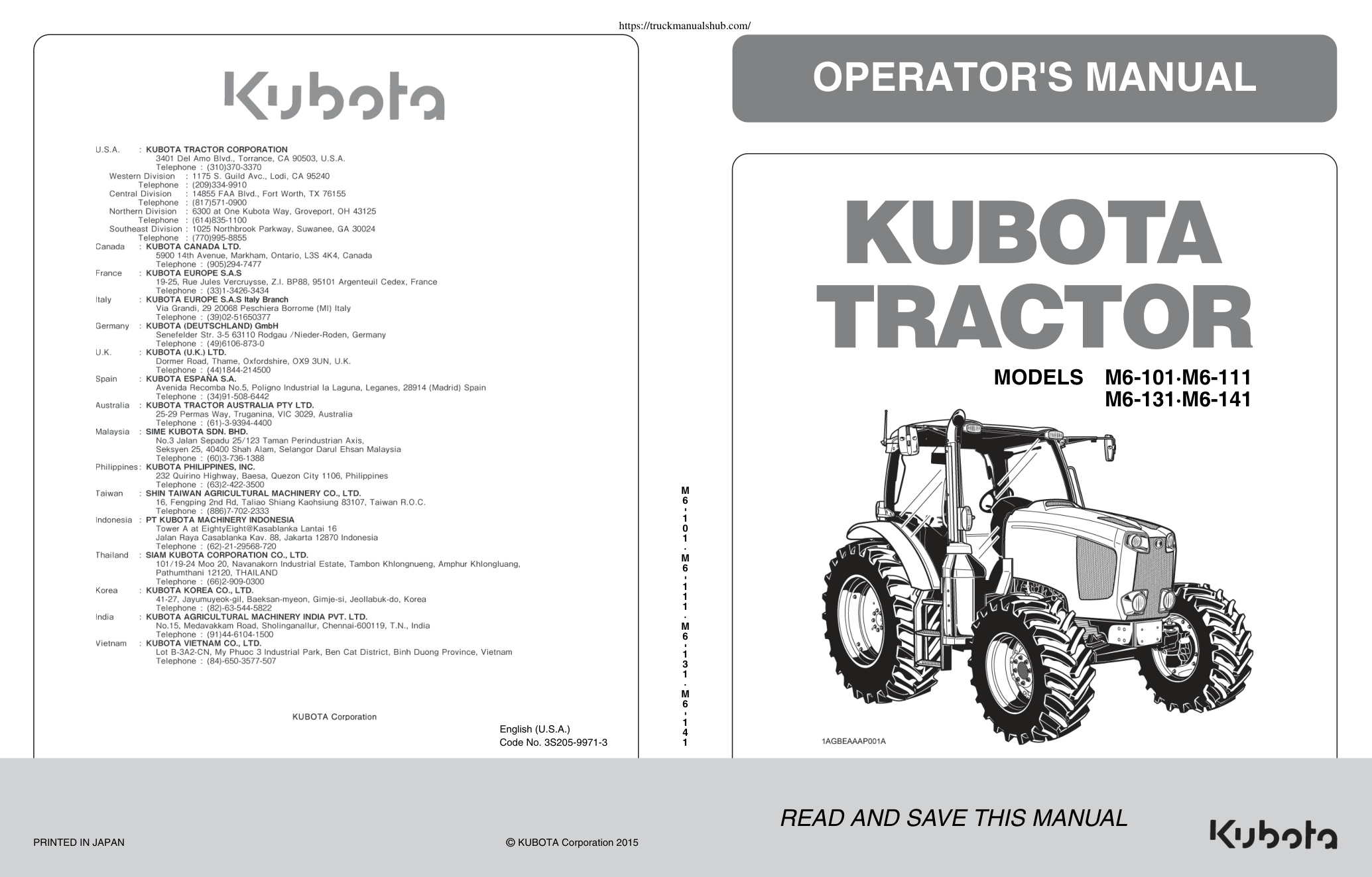 Première page de Kubota M6 101 M6 111 M6 131 M6 141 Tractor Owner s Manual