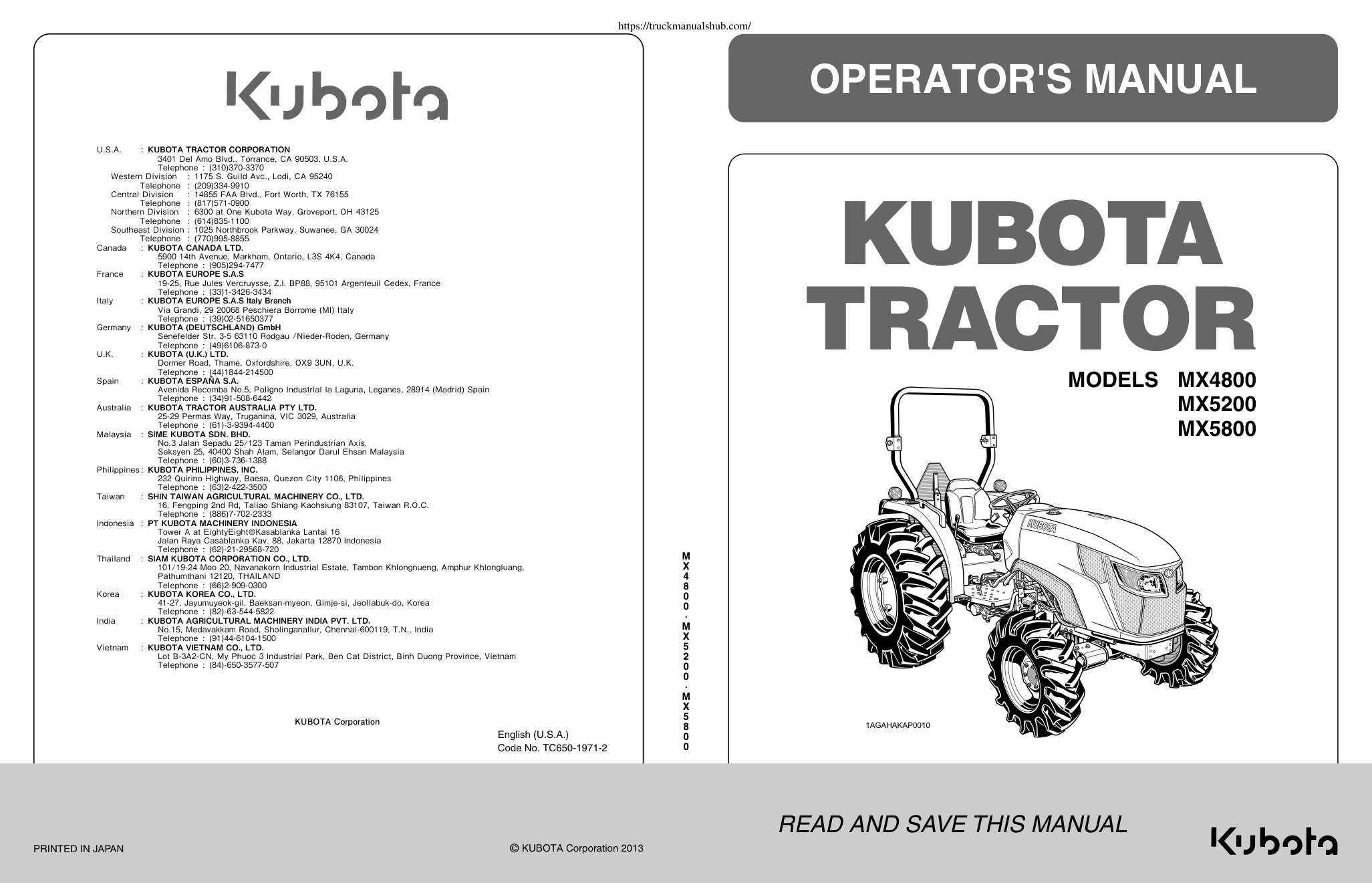 Première page de Kubota MX4800 MX5200 MX5800 Tractor Owner s Manual