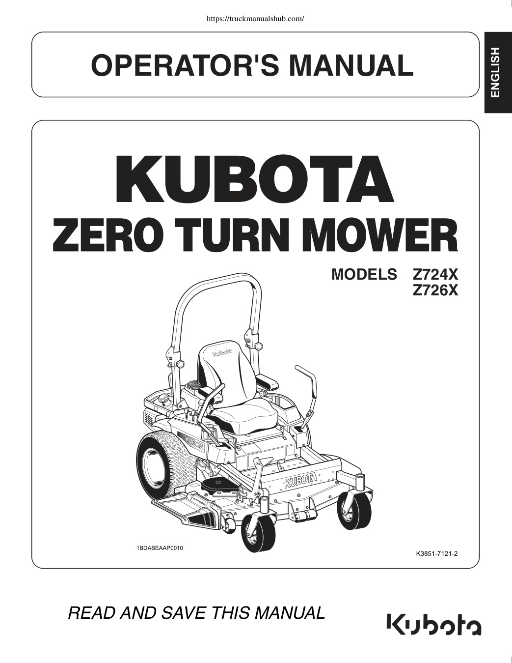 Première page de Kubota Z724X Z726X Zero Turn Mower Owner s Manual