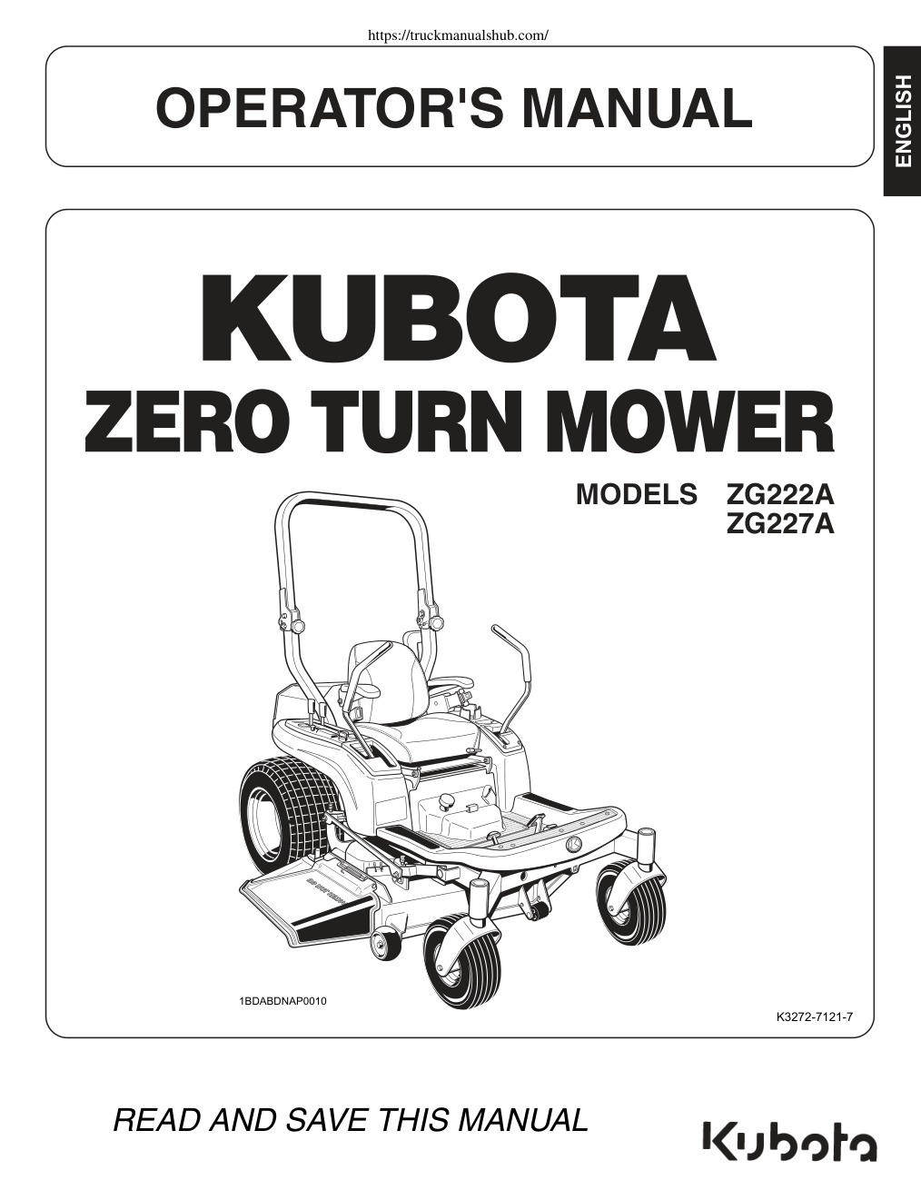 Première page de Kubota ZG222A ZG227A Zero Turn Mower Owner s Manual