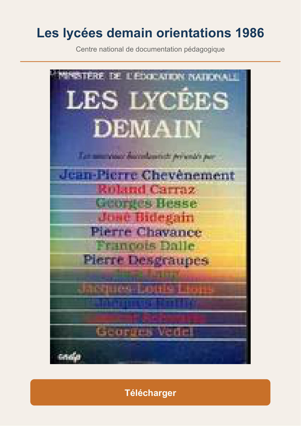 Première page de Les lycées demain orientations 1986 Centre national de documentation pédagogique