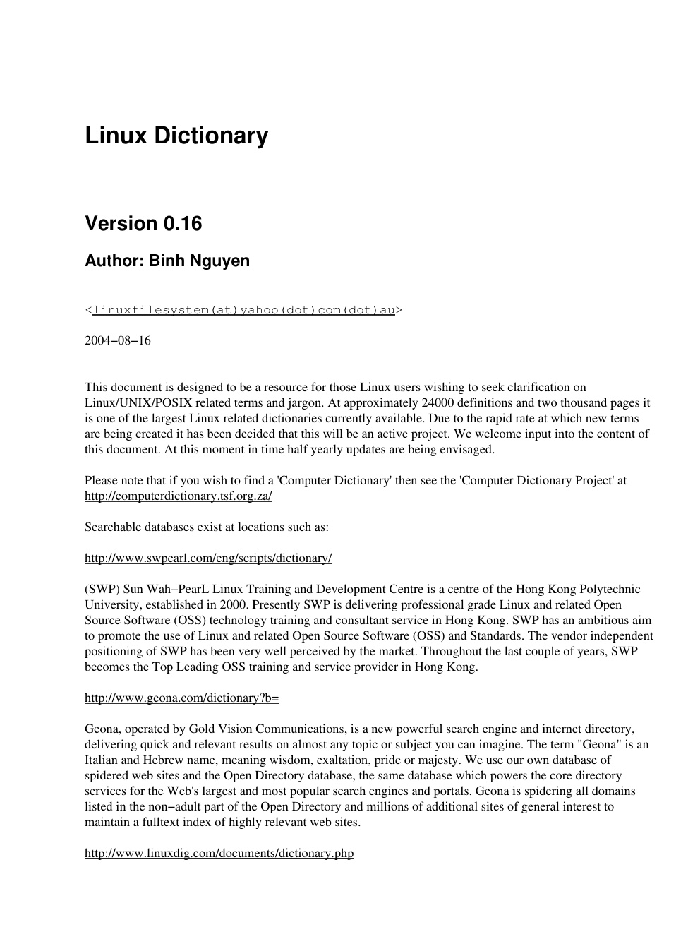 Première page de Linux Dictionary 0 18 The Linux Documentation Project 2005
