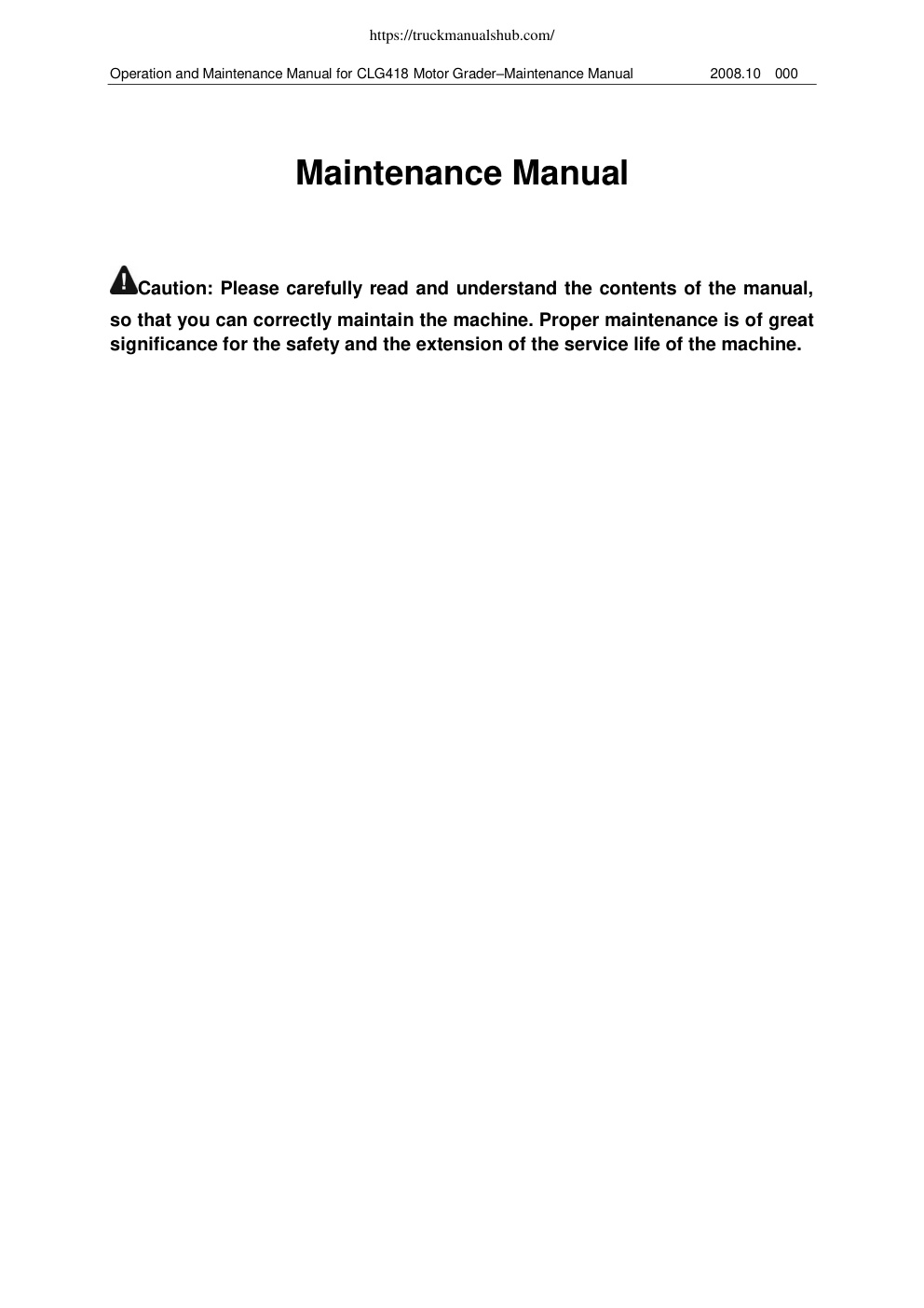 Première page de LiuGong CLG418 Motor Grader Operation and Maintenance Manual