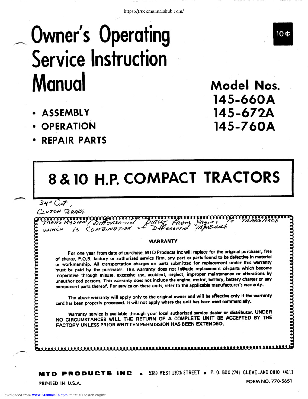 Première page de MTD 145 660A 145 760a 145 672a Service Manual