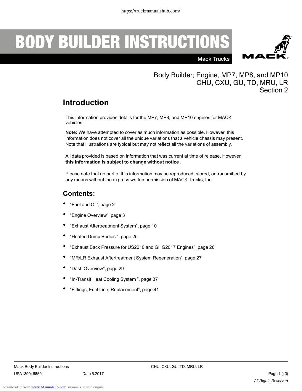 Première page de Mack MP7 MP8 MP10 Body Builder Instructions