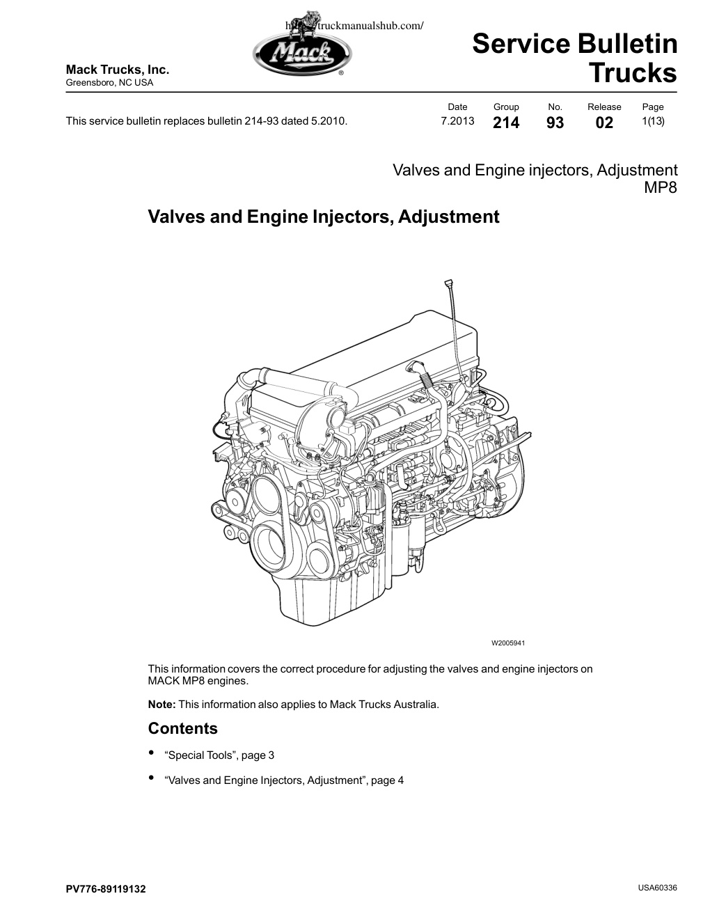 Première page de Mack MP8 Valves and Engine Injectors Adjustment Manual