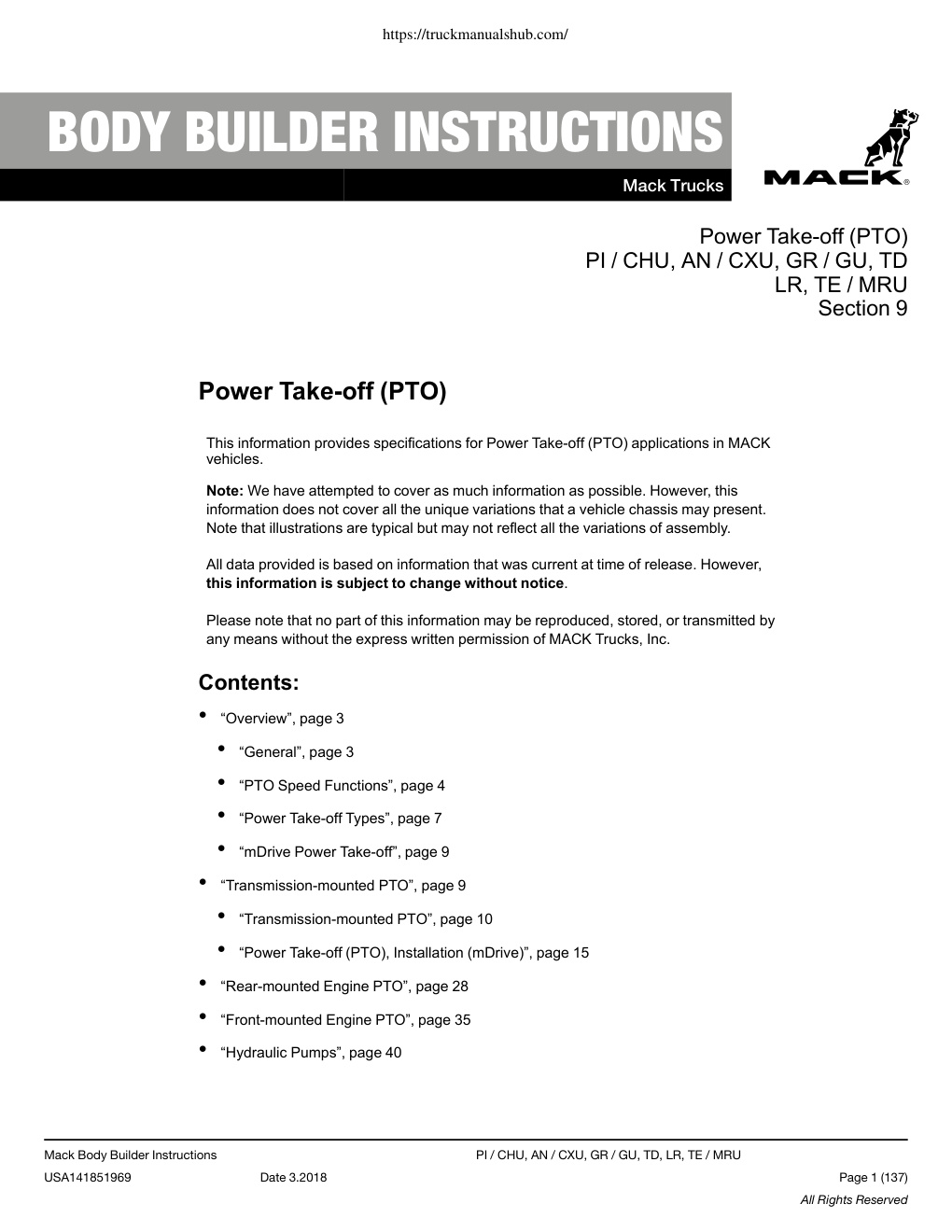 Première page de Mack Trucks Service Manuals Power Take off PTO PI CHU AN CXU GR GU TD LR TE MRU
